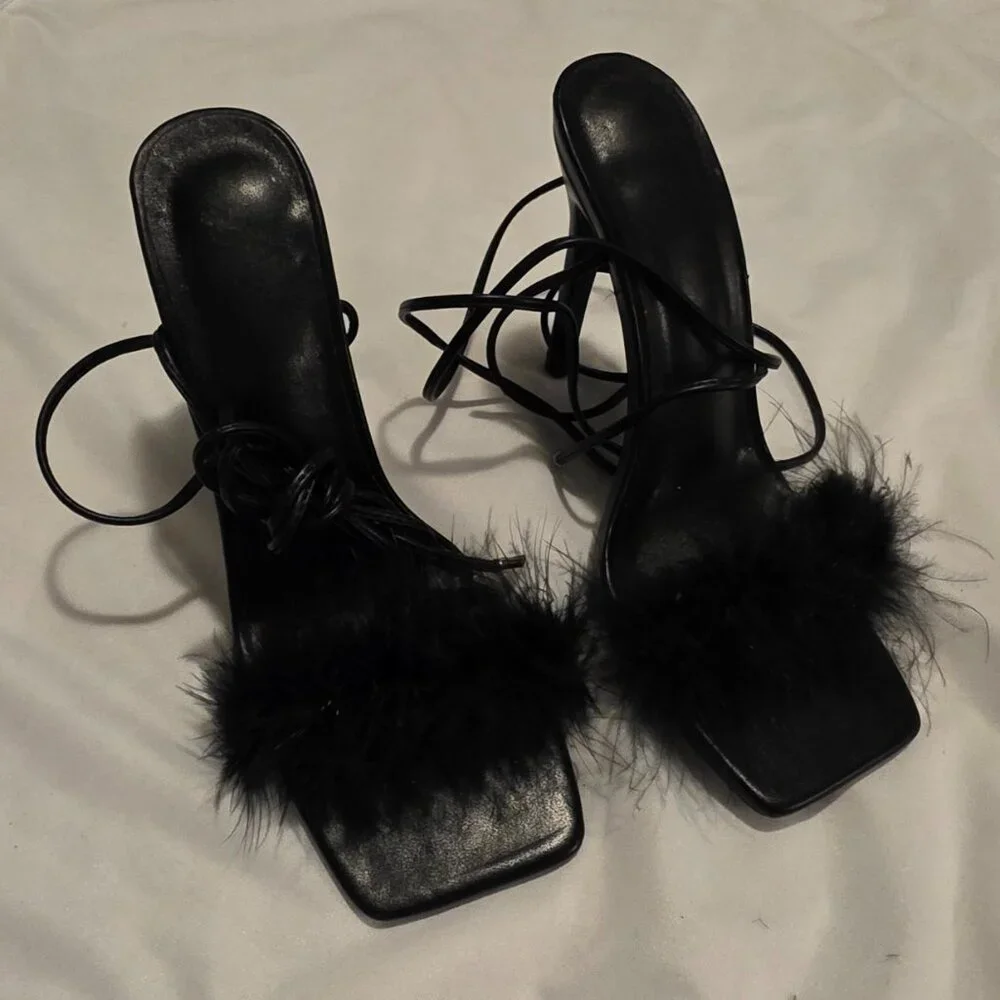 Lace Up Strappy Feather Trim Shoes Stiletto Heels US Size 8 Shoe Sz 38.5 Sexy